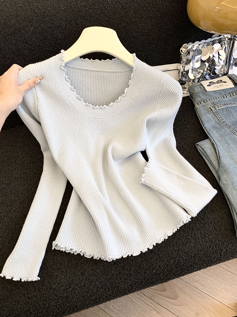 MY14874# 新款宽松慵懒风花边圆领长袖针织衫舒适柔软打底衫上衣女女裝貨源服裝批發