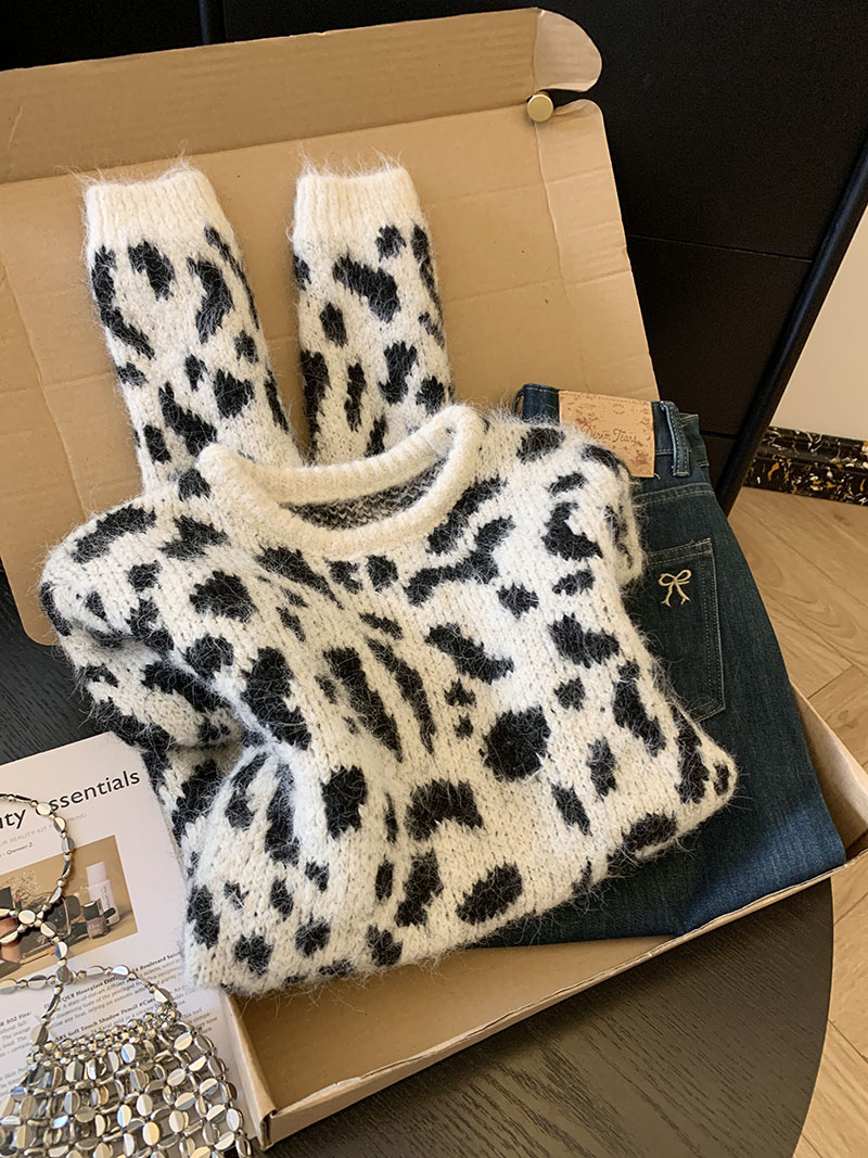 MY15298# 新款韩版宽松显瘦圆领豹纹针织衫女百搭毛衣外套别致上衣女裝貨源服裝批發