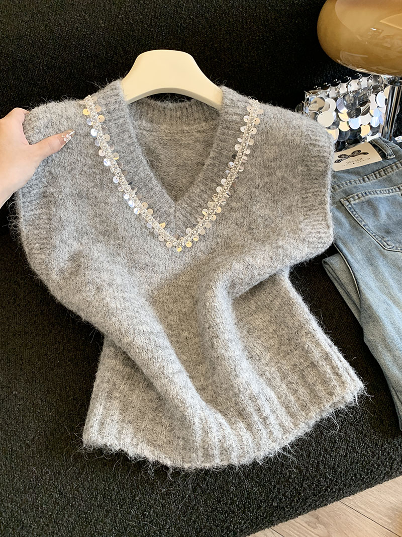 MY15297# V领针织毛衣马甲新款洋气显瘦叠穿亮片背心无袖上衣女裝貨源服裝批發