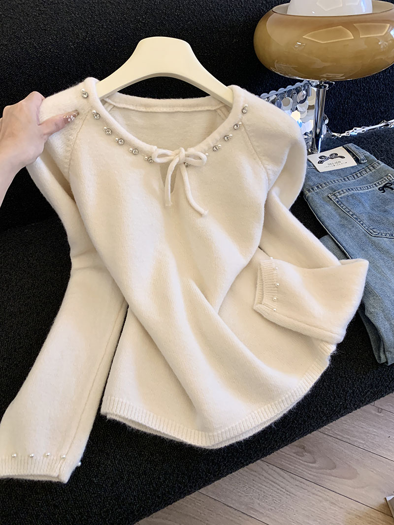 MY15556# 温柔风系带蝴蝶结长袖针织衫新款法式重工钉钻软糯毛衣女裝貨...