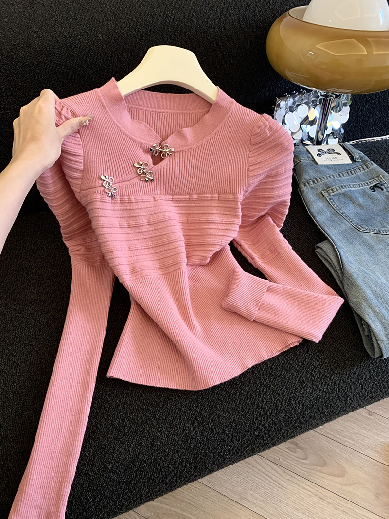 MY15677# 新款高级感超好看国风盘扣粉红色毛衣时尚针织衫上衣女裝貨源...