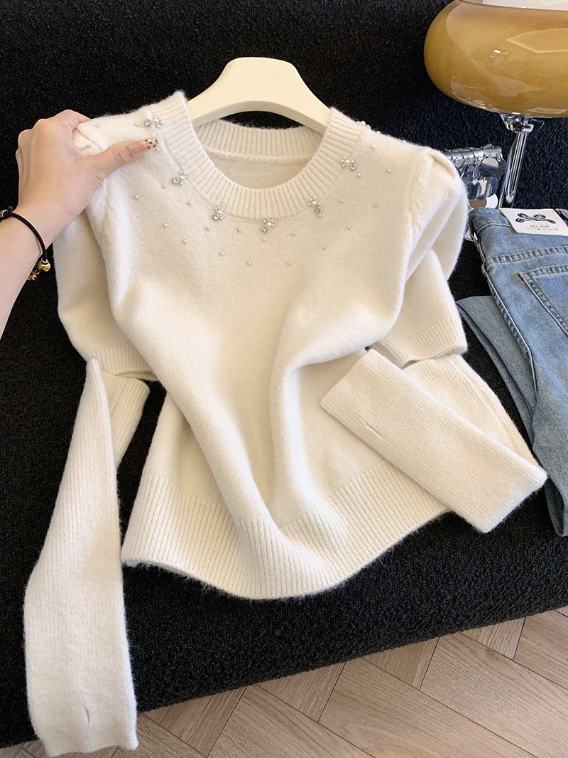 MY16398# 温柔风重工钉珠半袖针织衫+袖套圆领设计感小香风毛衣女裝貨...