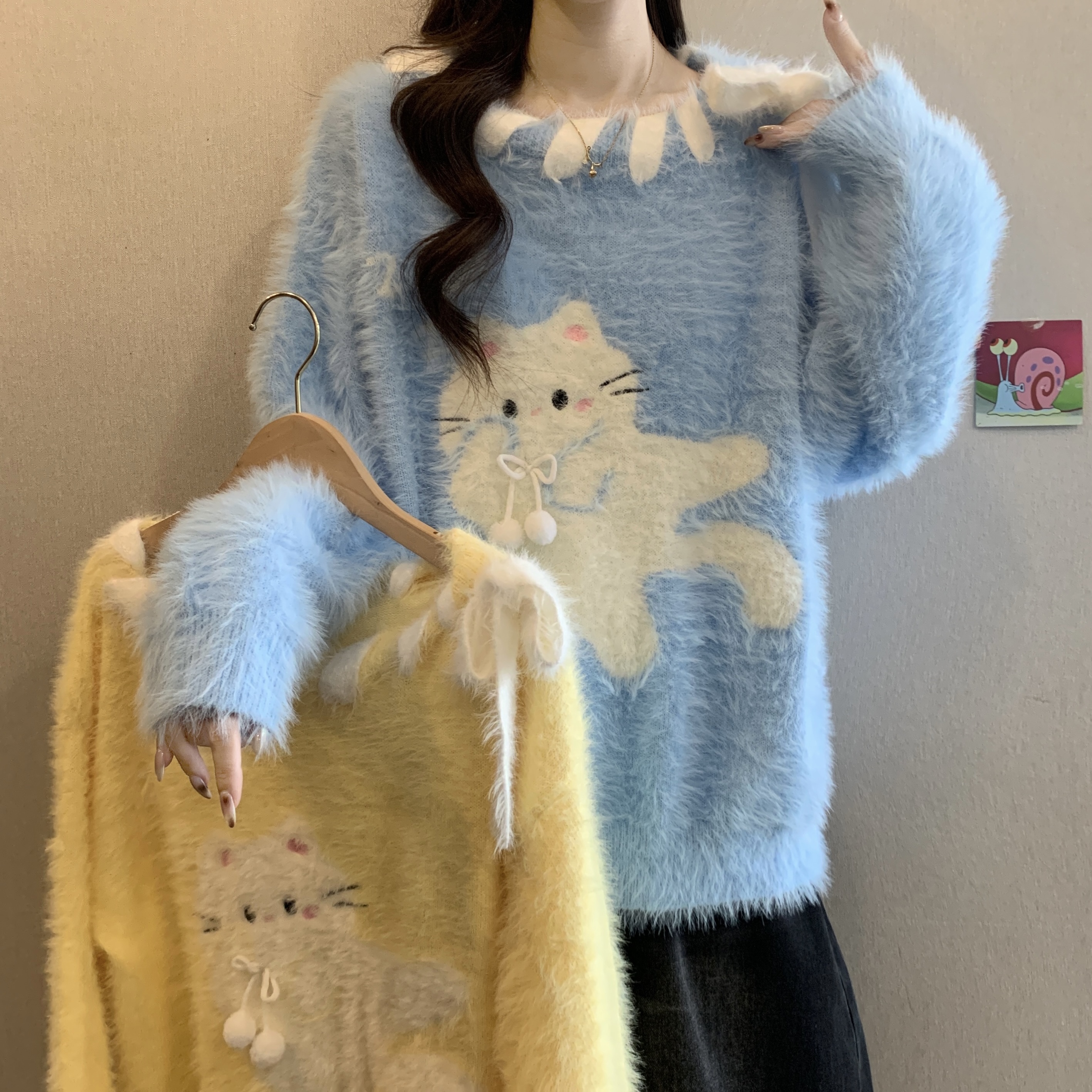 MY16028# 大码女装高级感仿水貂绒猫咪蝴蝶结针织毛衣宽松慵懒风上衣女...