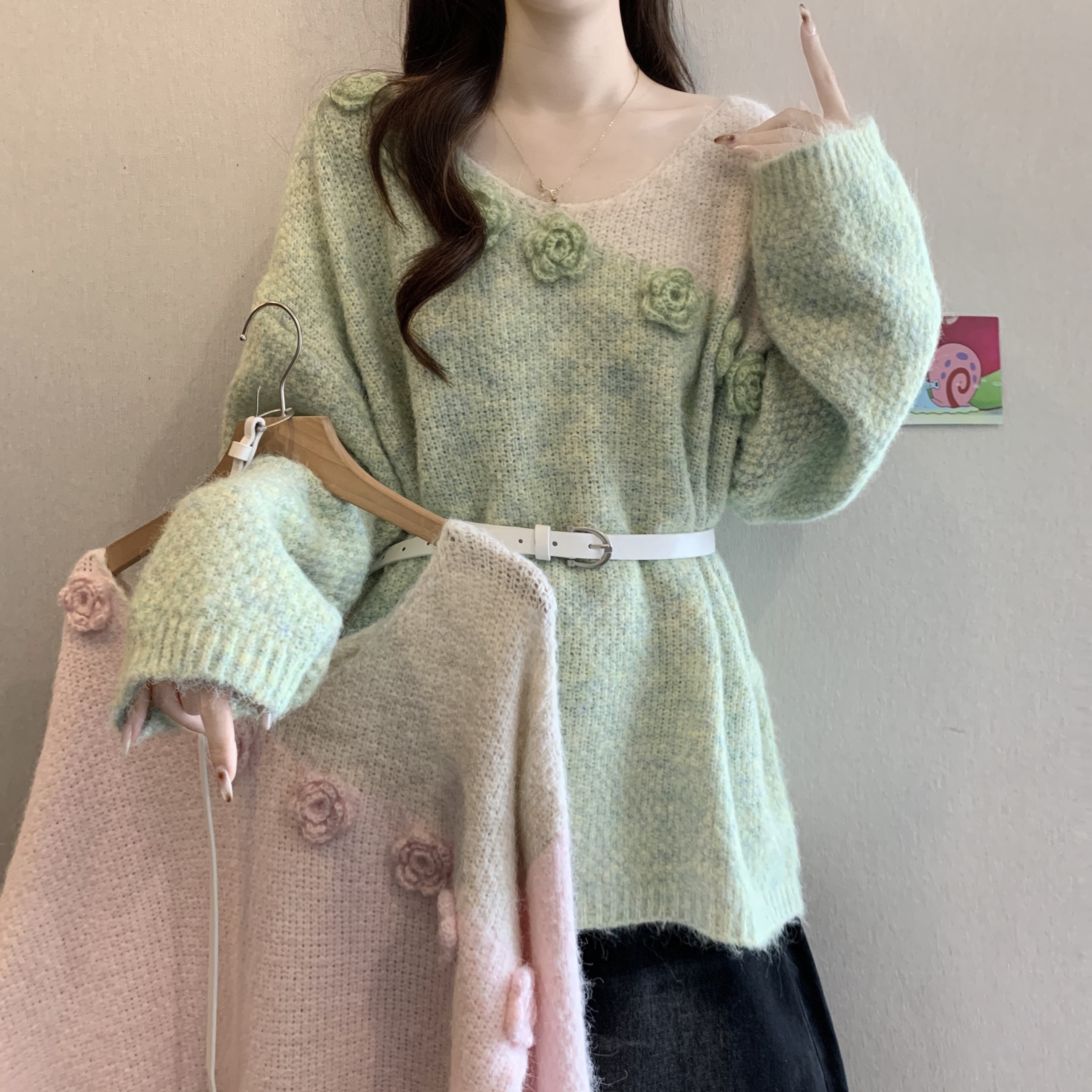 MY16027# 大码女装立体花朵套头毛衣新款韩系穿搭慵懒风针织衫上衣女裝...