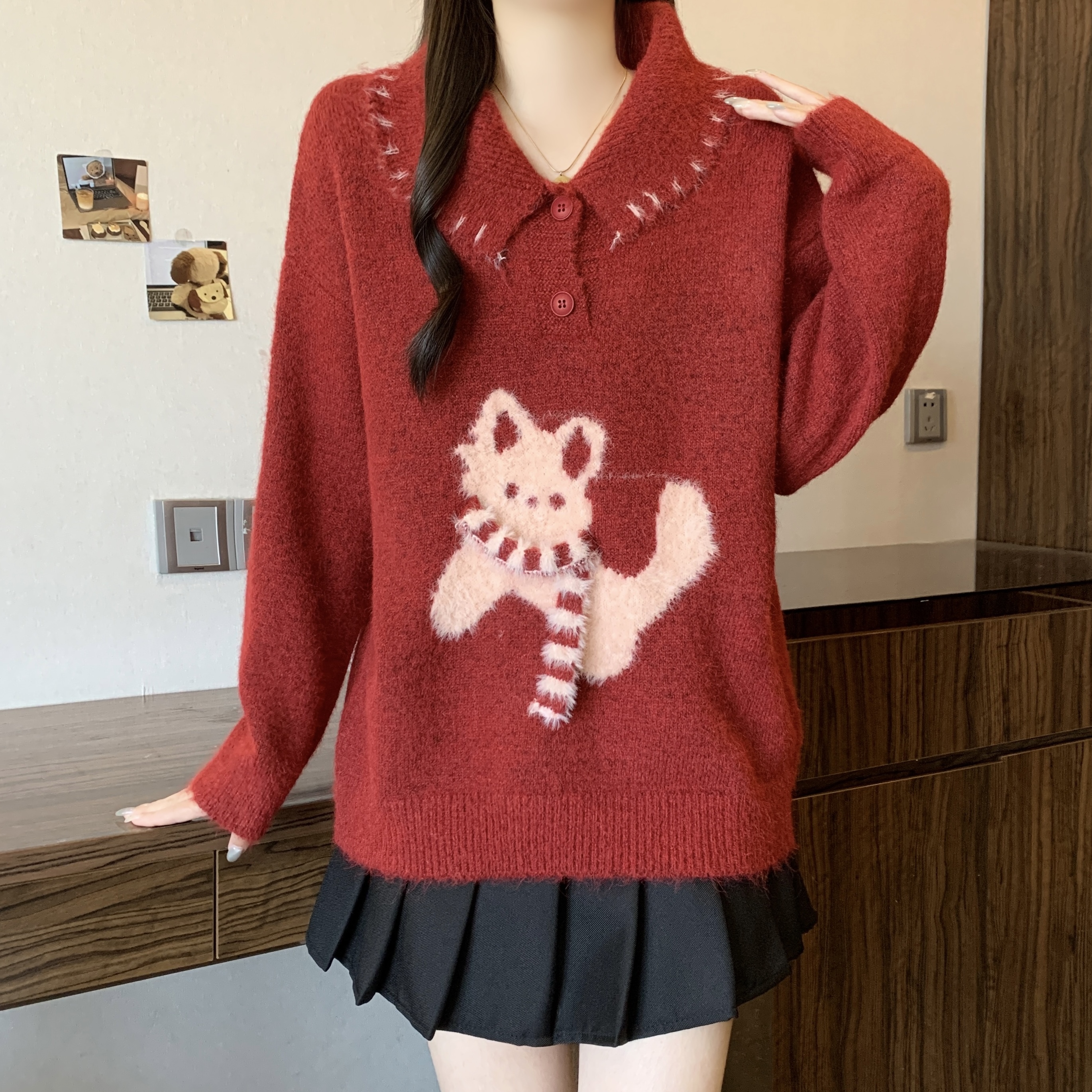 MY16026# 大码女装红色娃娃领毛衣女可外穿圣诞穿搭针织衫内搭打底上衣...