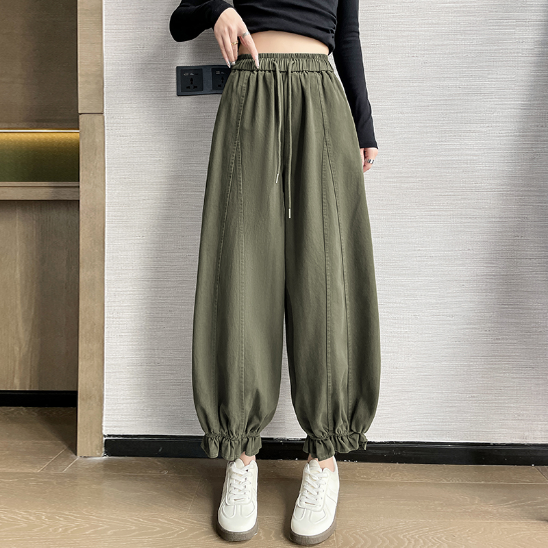 實拍2026春夏高腰百搭顯瘦九分花苞休閑褲女新款寬松垂感闊腿褲