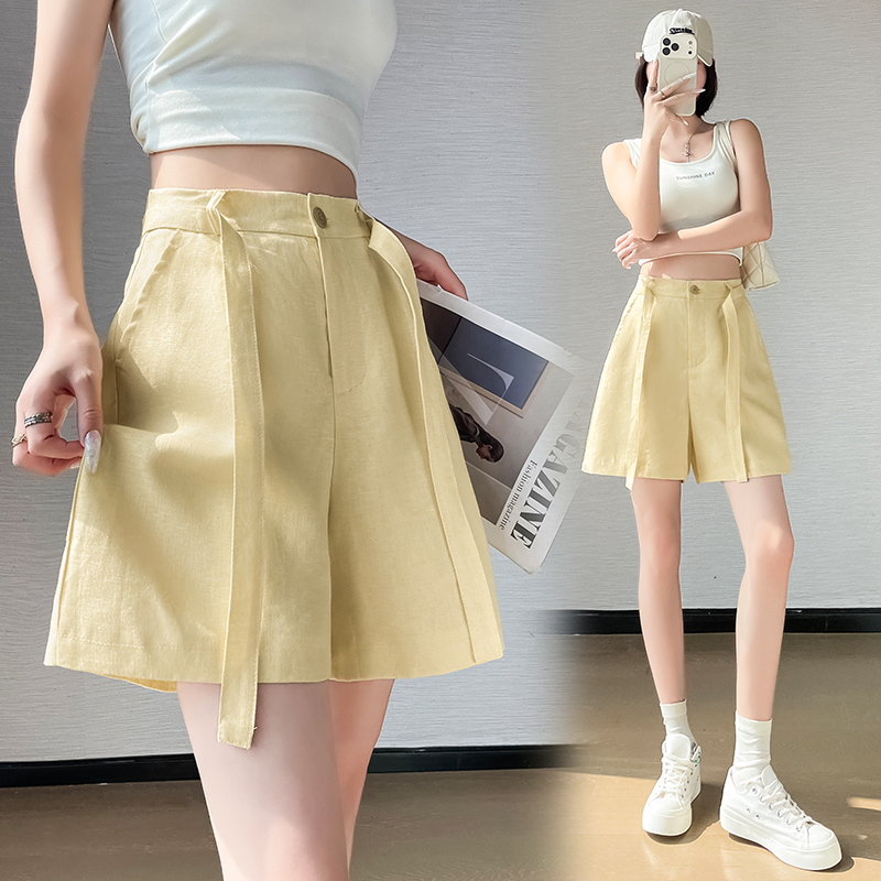 實拍2026夏季新款休閑五分褲A字闊腿高腰棉麻薄款短褲女 有內襯