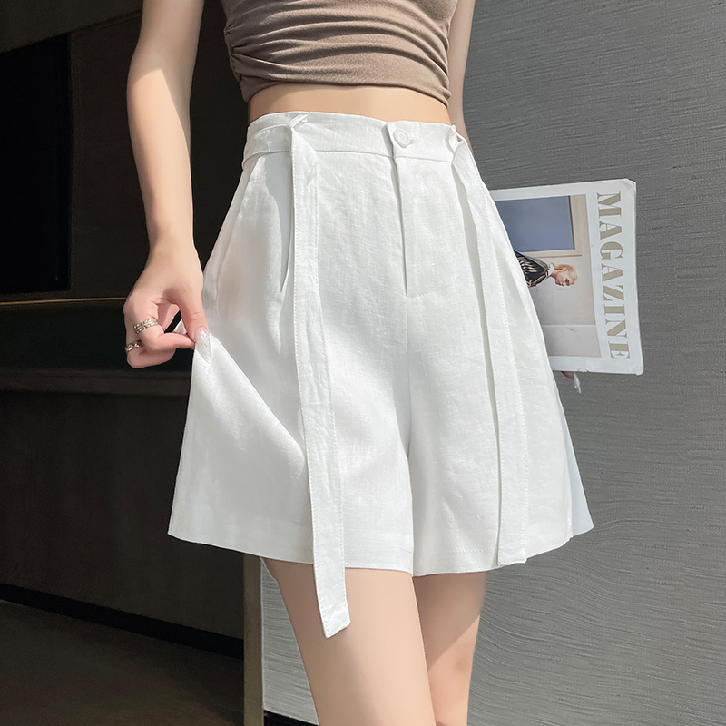 實拍2026夏季新款休閑五分褲A字闊腿高腰棉麻薄款短褲女 有內襯