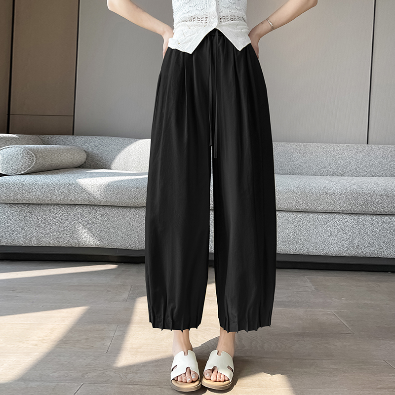 實拍2026夏季高腰百搭棉麻九分休閑褲女新款寬松闊腿褲白色有內襯