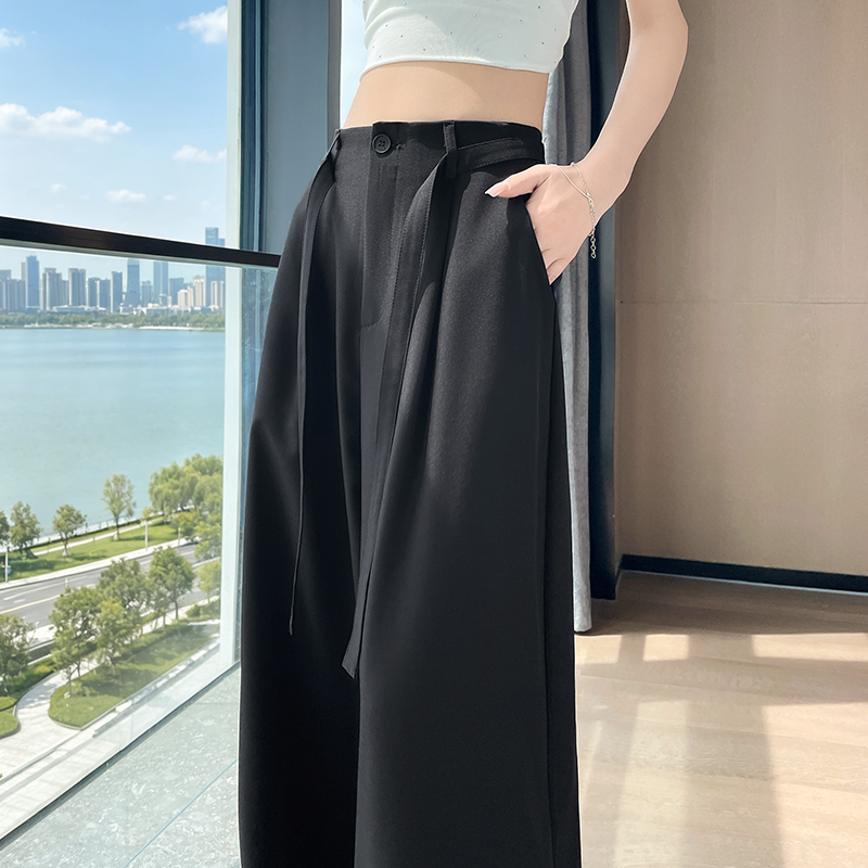 實拍夏季新款時尚高腰寬松顯瘦百搭直筒休閑闊腿褲西裝褲女配腰帶