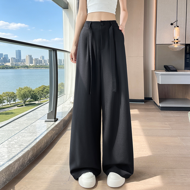 實拍夏季新款時尚高腰寬松顯瘦百搭直筒休閑闊腿褲西裝褲女配腰帶