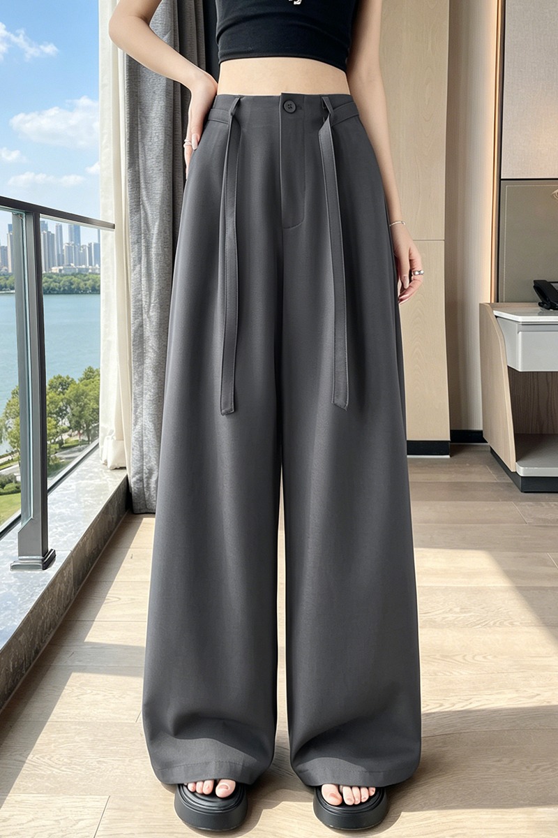 實拍夏季新款時尚高腰寬松顯瘦百搭直筒休閑闊腿褲西裝褲女配腰帶