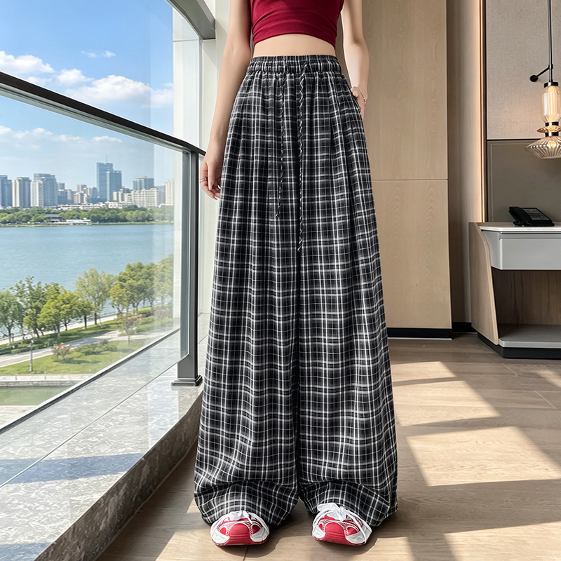 實拍2026夏季新款韓版寬松百搭高腰格子褲直筒休閑長褲闊腿褲女