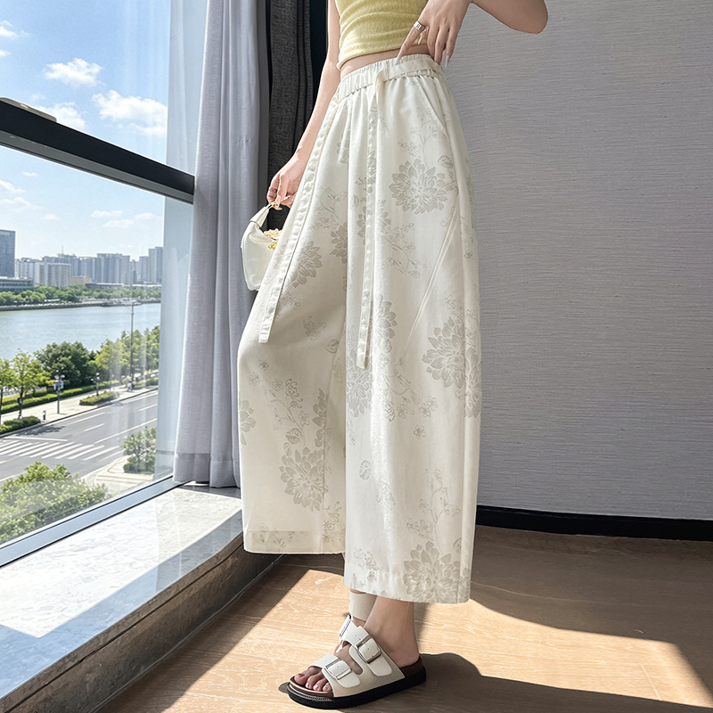 實拍復古亞麻印花休閑褲女2026夏季新款百搭寬松九分闊腿褲有內襯