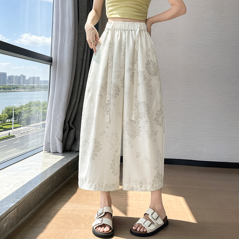 實拍復古亞麻印花休閑褲女2026夏季新款百搭寬松九分闊腿褲有內襯