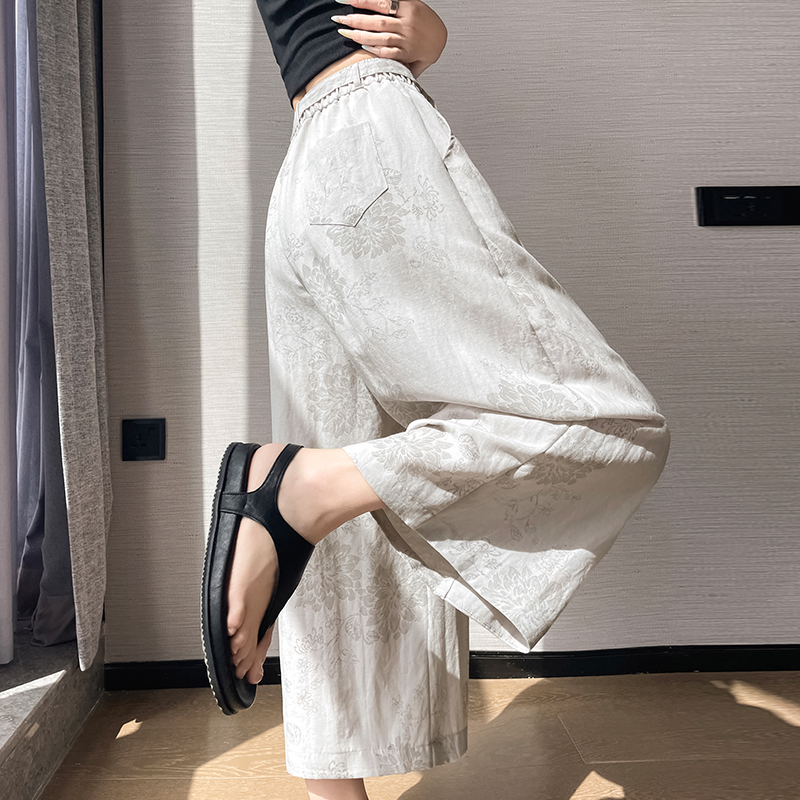 實拍復古亞麻印花休閑褲女2026夏季新款百搭寬松九分闊腿褲有內襯