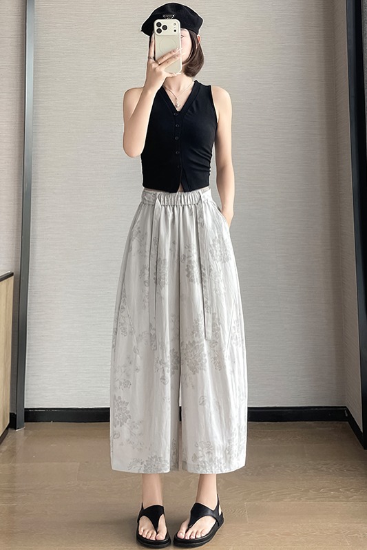 實拍復古亞麻印花休閑褲女2026夏季新款百搭寬松九分闊腿褲有內襯