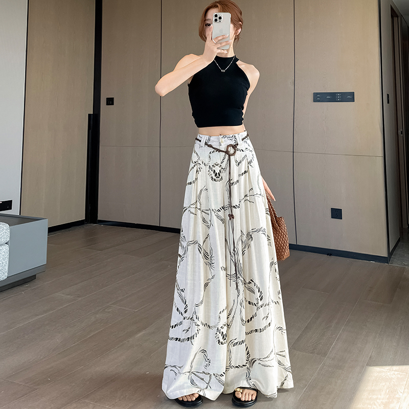 實拍2026夏季新款闊腿褲裙女薄款高腰印花休閑褲裙 配腰帶有內襯