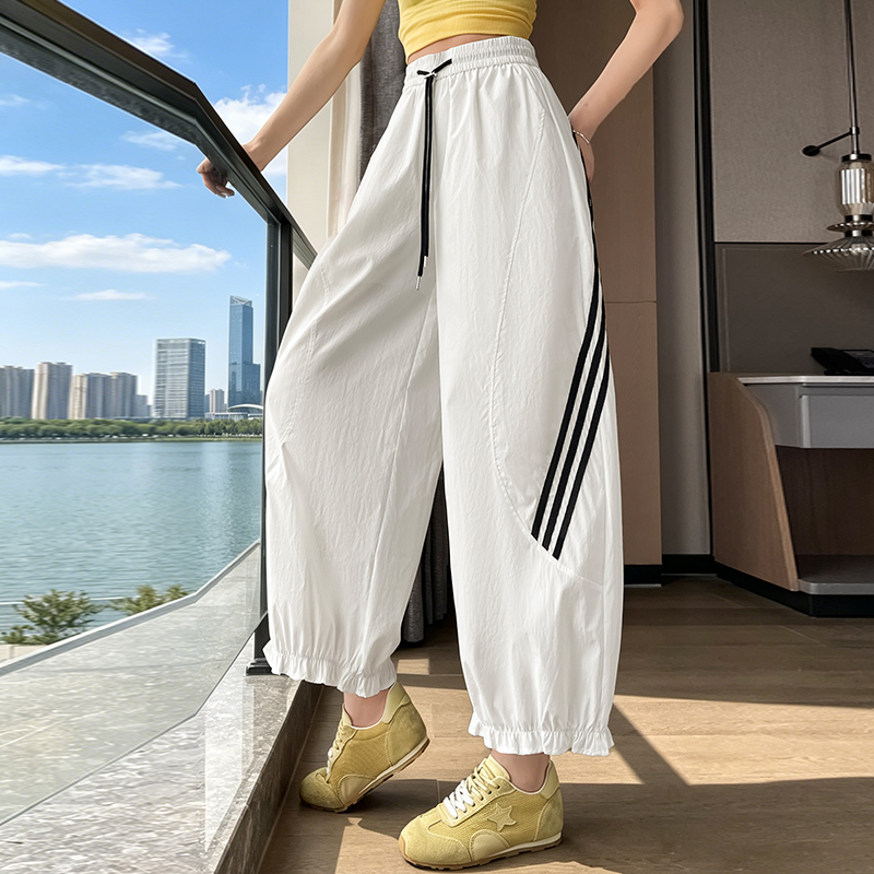實拍夏季2026新款速干木耳邊花苞褲女高腰寬松休閑九分闊腿燈籠褲