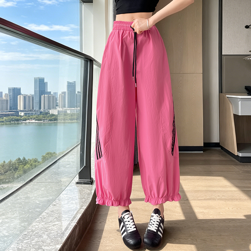 實拍夏季2026新款速干木耳邊花苞褲女高腰寬松休閑九分闊腿燈籠褲