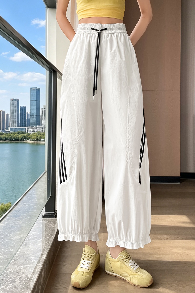 實拍夏季2026新款速干木耳邊花苞褲女高腰寬松休閑九分闊腿燈籠褲