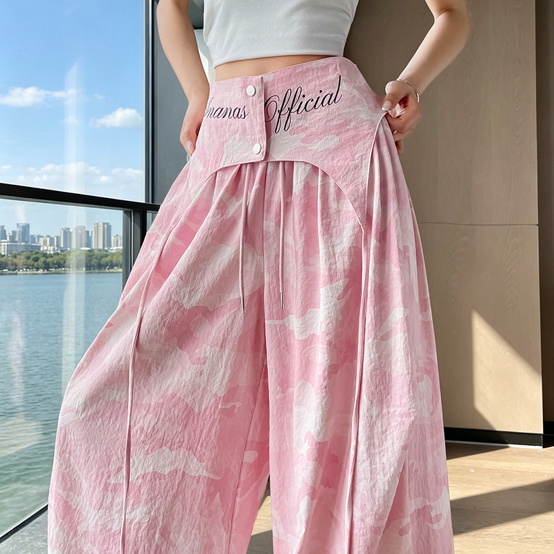 實拍2026夏季新款美式寬松百搭直筒闊腿真兩件兩穿休閑迷彩工裝褲