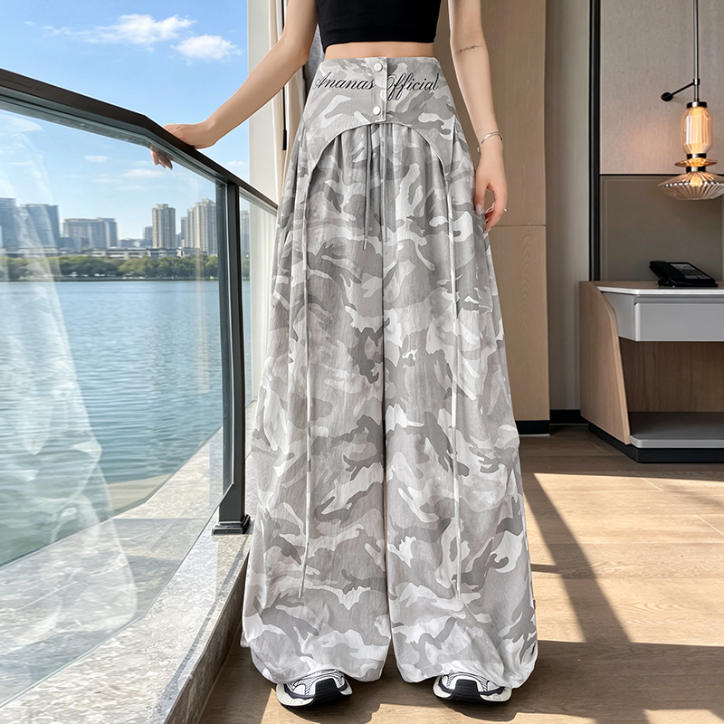 實拍2026夏季新款美式寬松百搭直筒闊腿真兩件兩穿休閑迷彩工裝褲
