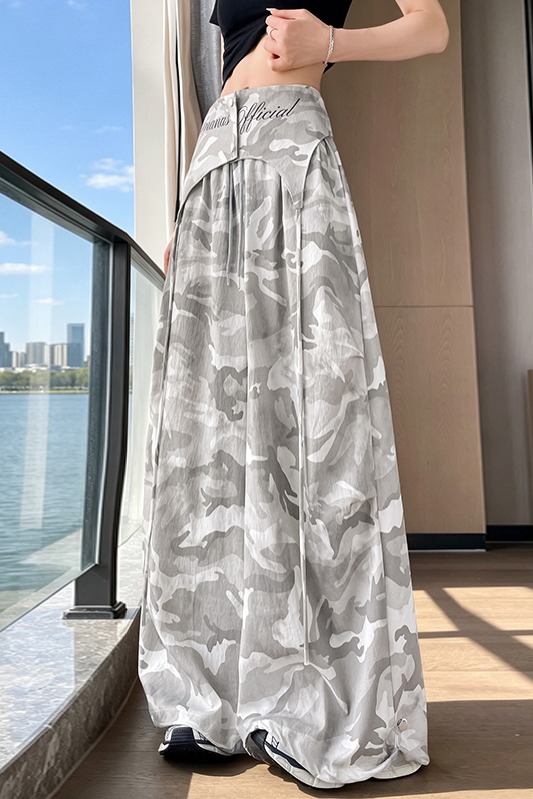 實拍2026夏季新款美式寬松百搭直筒闊腿真兩件兩穿休閑迷彩工裝褲