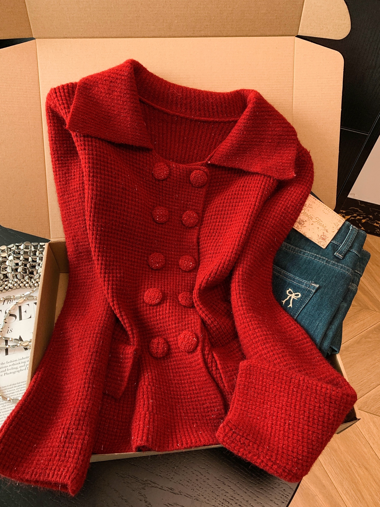 MY16670# 韩系复古红色秋冬氛围感双排扣针织开衫毛衣外套慵懒风上衣女...