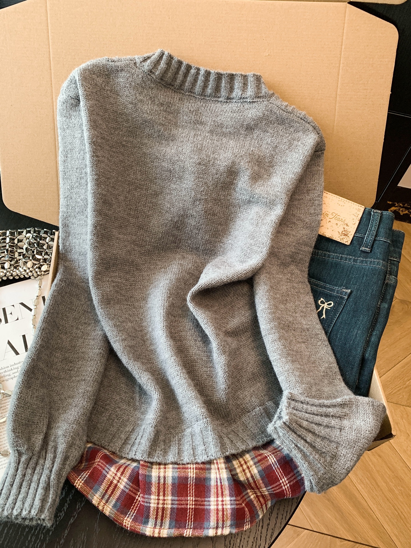 實拍 韓系復古假兩件撞色格紋絲巾拼接刺繡針織開衫春秋上衣女潮
