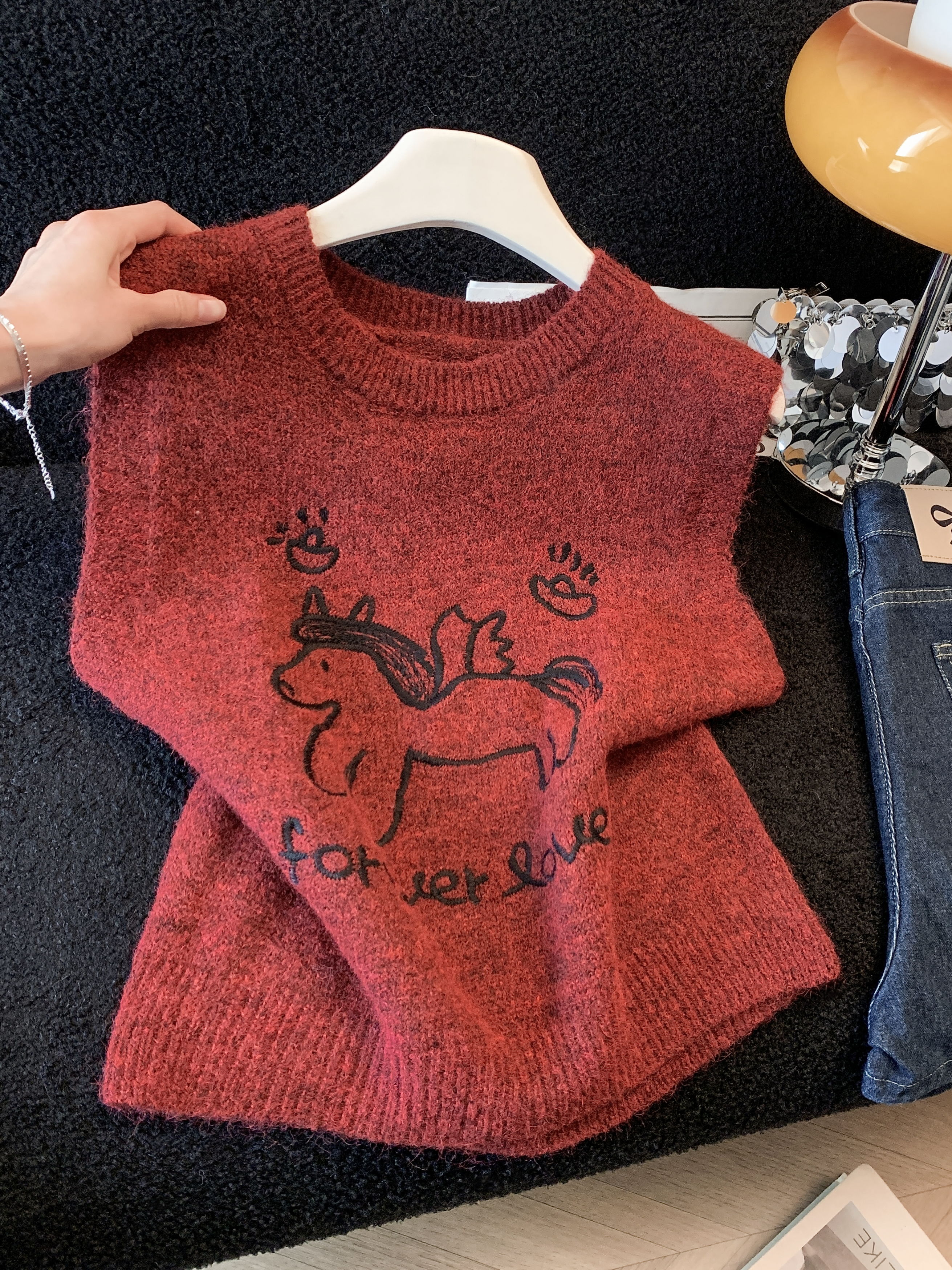 實拍 小馬刺繡圓領針織馬甲女春秋新款外穿疊穿無袖毛衣坎肩背心