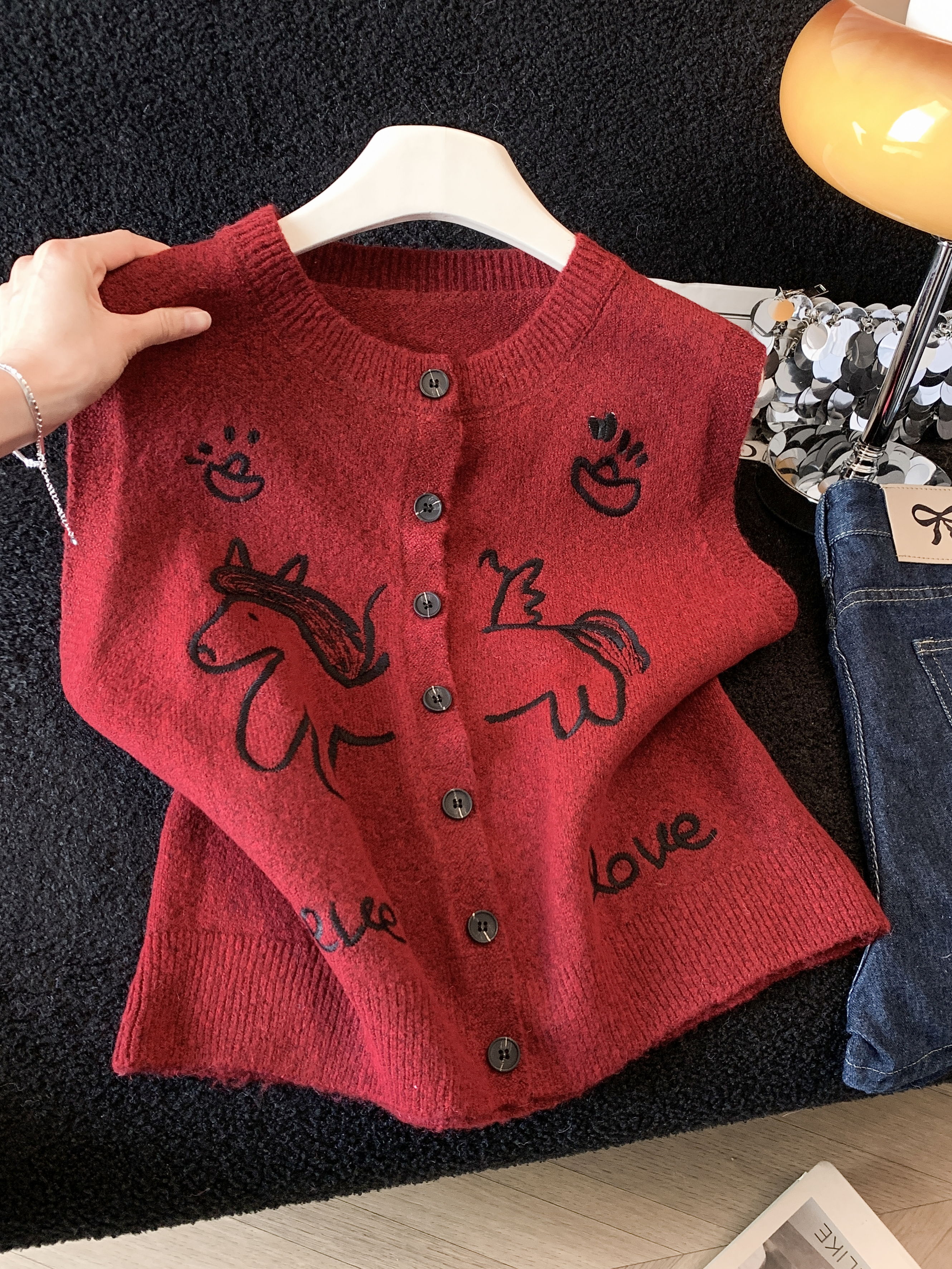 實拍 韓系學院風小馬刺繡圓領單排扣外穿疊穿針織馬甲春秋上衣女
