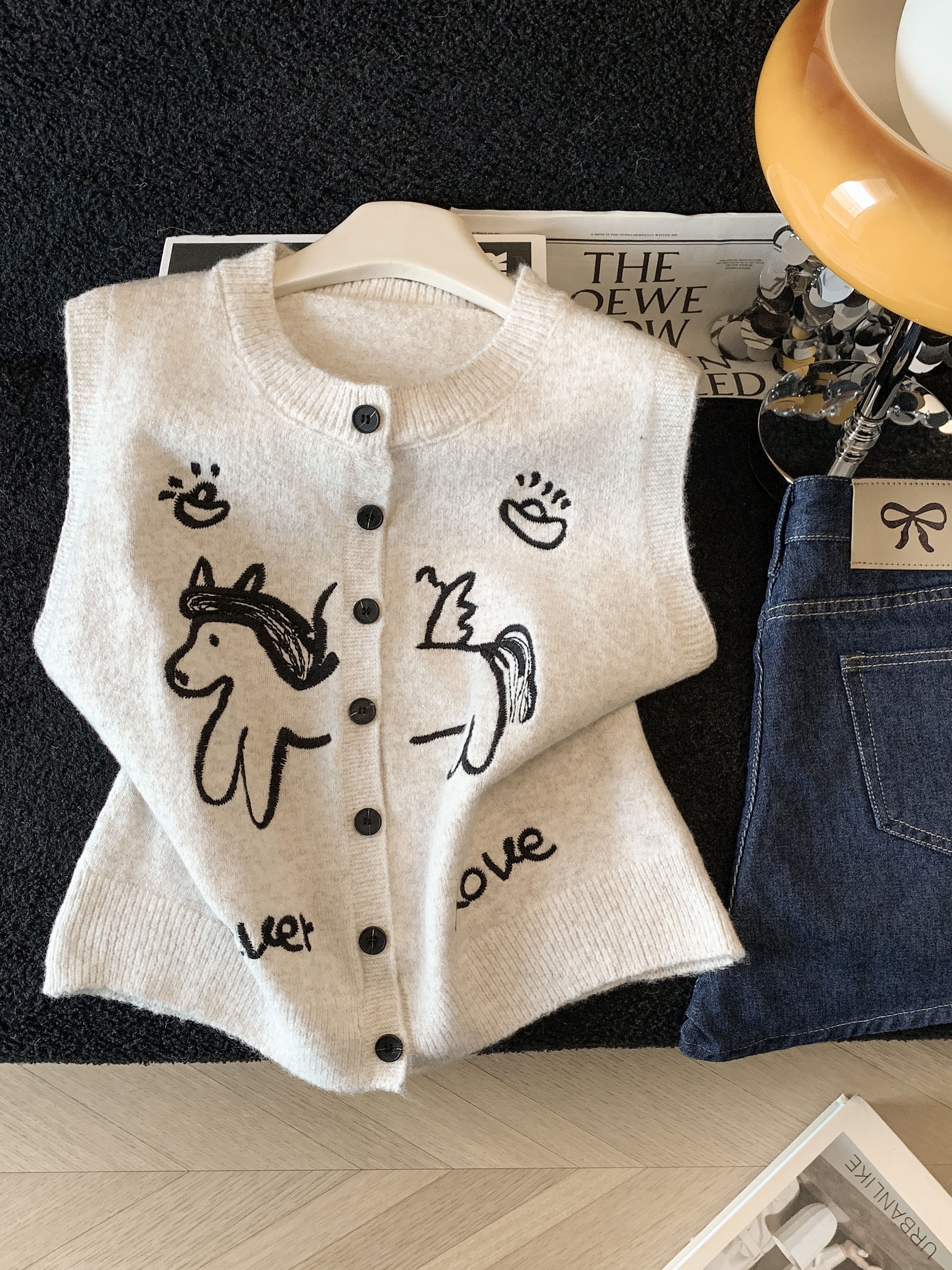 實拍 韓系學院風小馬刺繡圓領單排扣外穿疊穿針織馬甲春秋上衣女