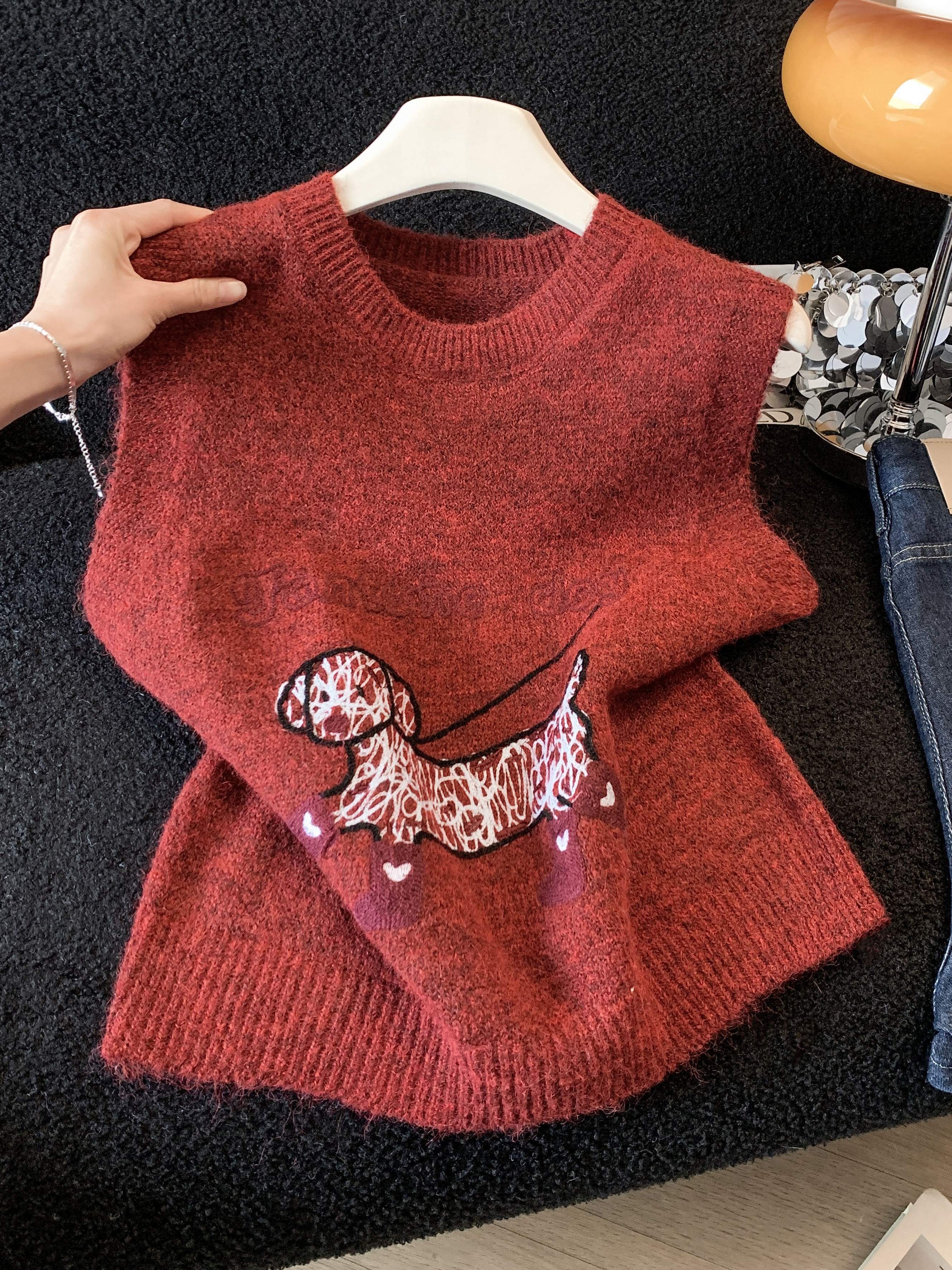 實拍韓系學院風小狗刺繡針織背心毛衣馬甲女春秋外穿疊穿無袖上衣
