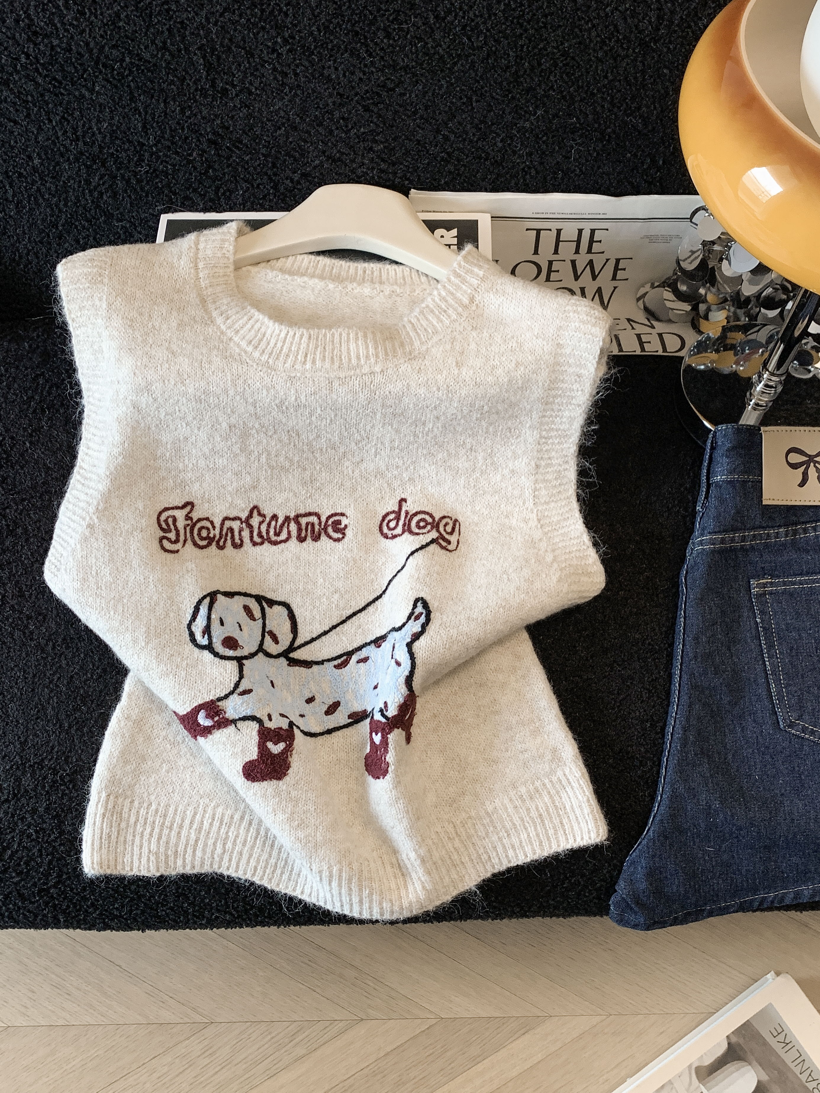 實拍韓系學院風小狗刺繡針織背心毛衣馬甲女春秋外穿疊穿無袖上衣