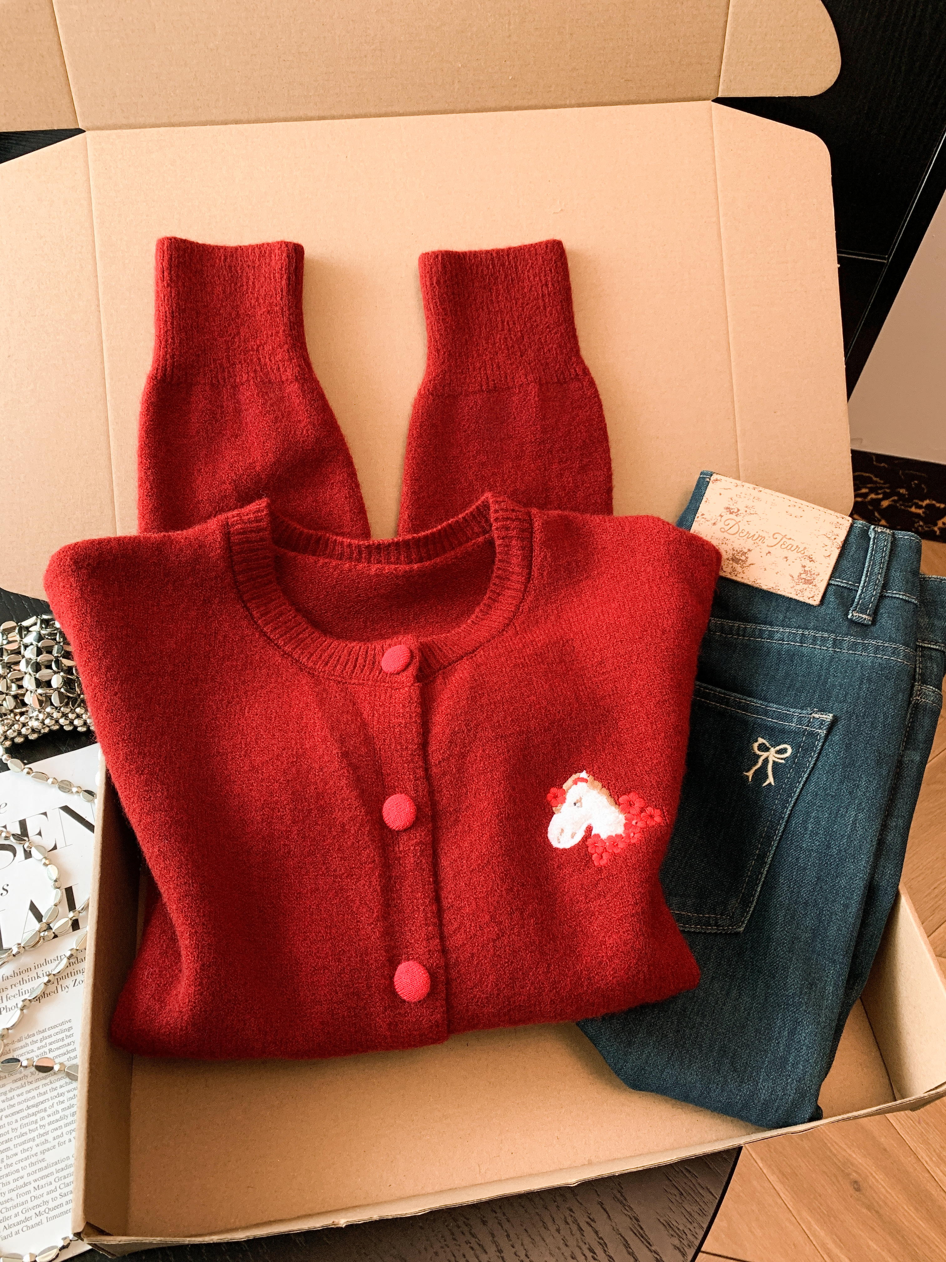 實拍 韓系刺繡小馬單排扣圓領毛衣春秋百搭顯瘦針織開衫上衣女潮