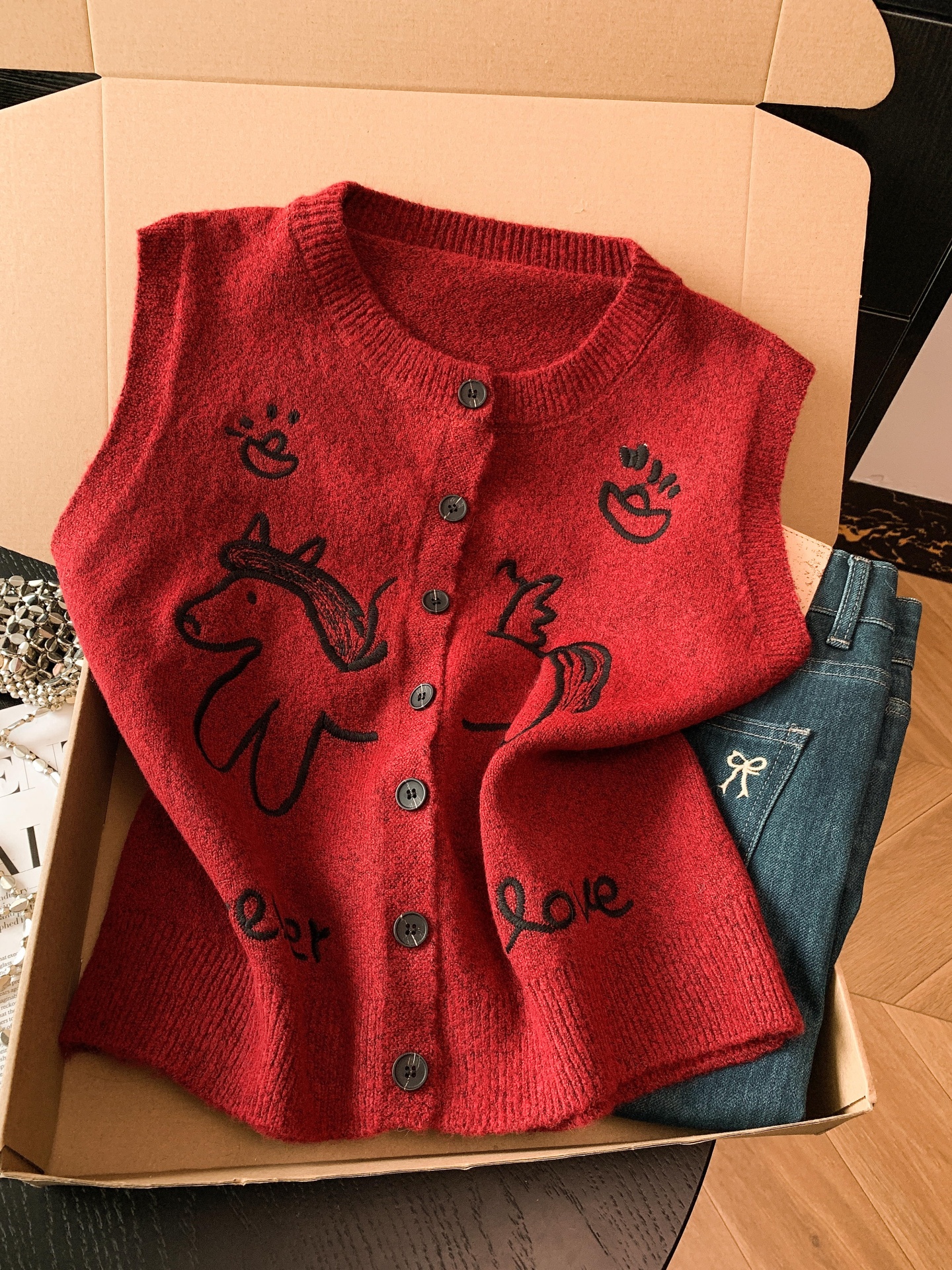 實拍 韓系小馬刺繡圓領針織衫女秋冬新款顯瘦疊穿馬甲坎肩上衣潮