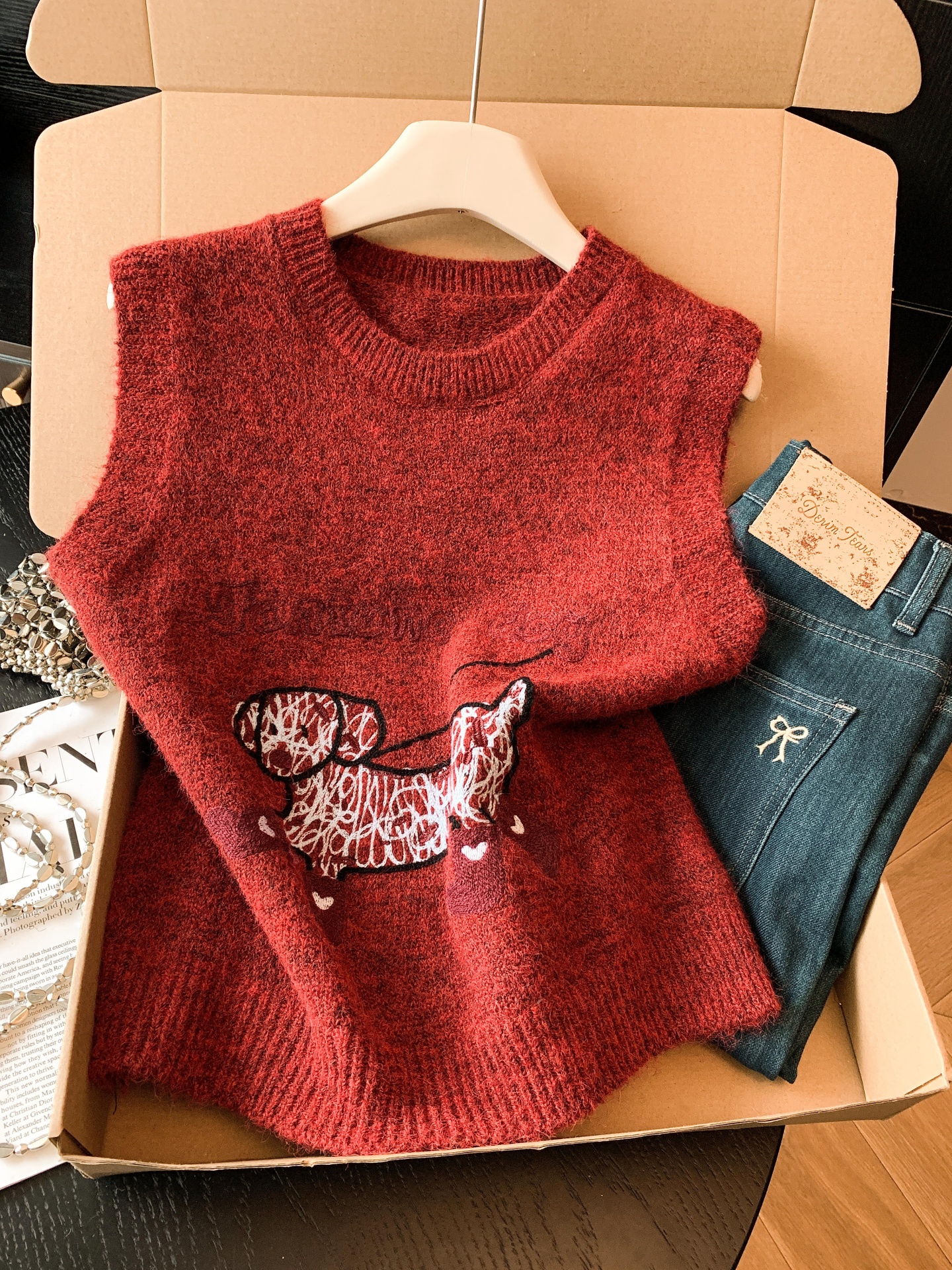 實拍 韓系可愛甜美小狗刺繡針織馬甲背心女秋冬圓領顯瘦疊穿上衣