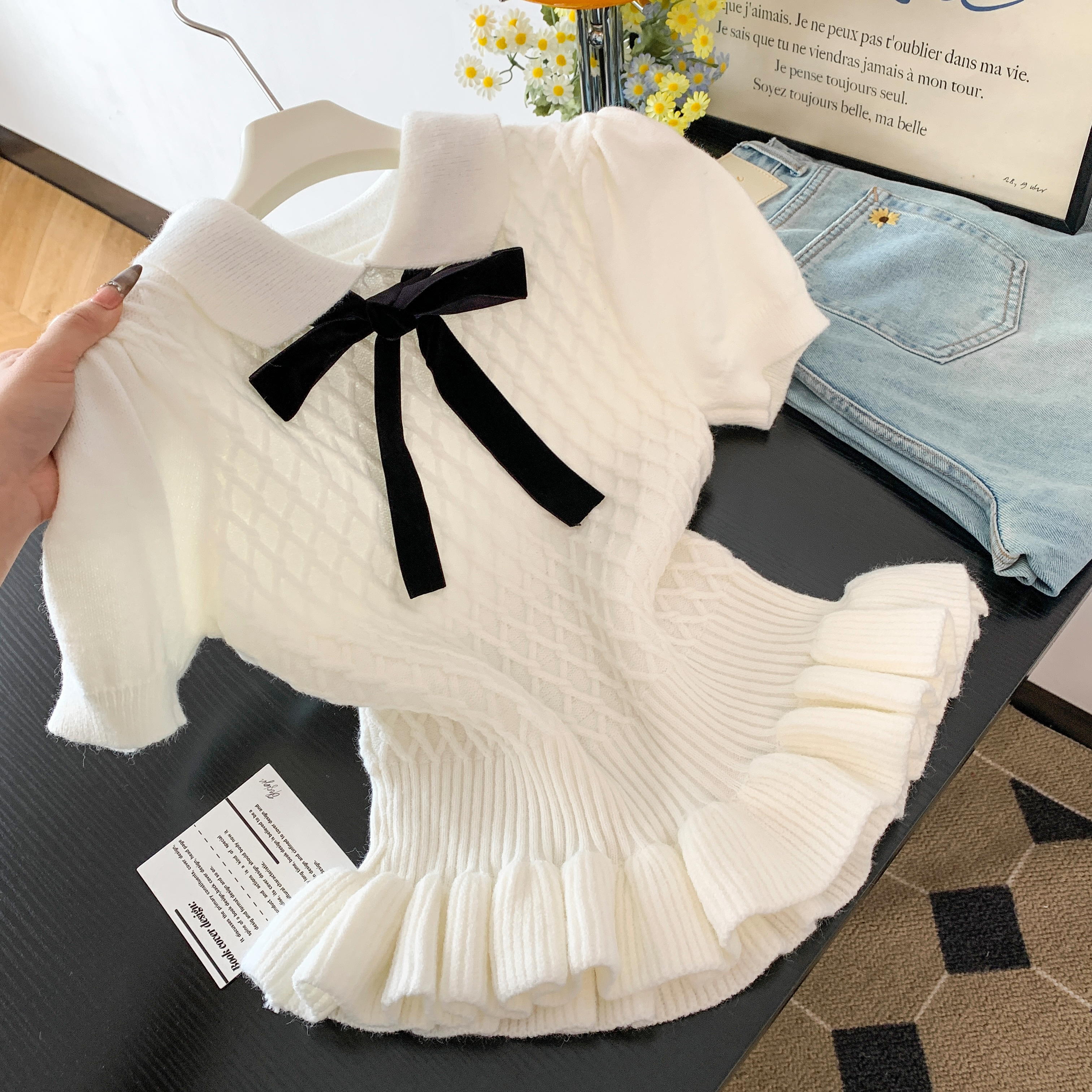 實拍白色翻領荷葉邊蝴蝶結短袖針織衫女夏季收腰顯瘦減齡短款上衣