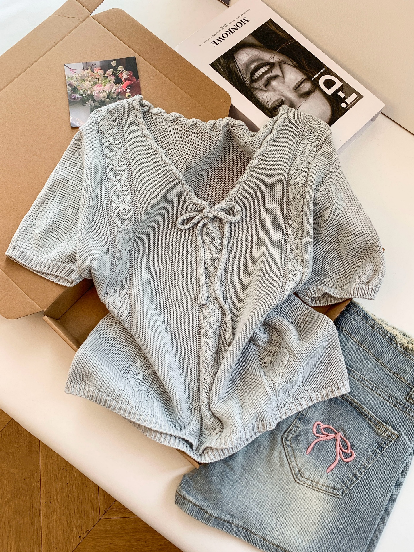 實拍 韓系甜美V領蝴蝶結系帶麻花短袖設計感小眾溫柔風針織衫女夏