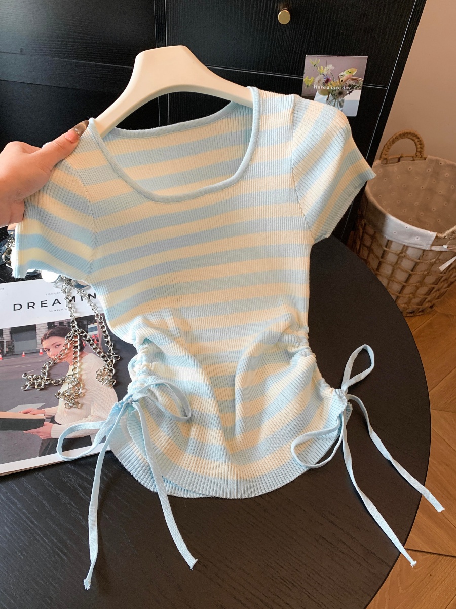 實拍 玫粉色韓系收腰抽繩系帶短袖針織衫女夏季氣質方領百搭上衣