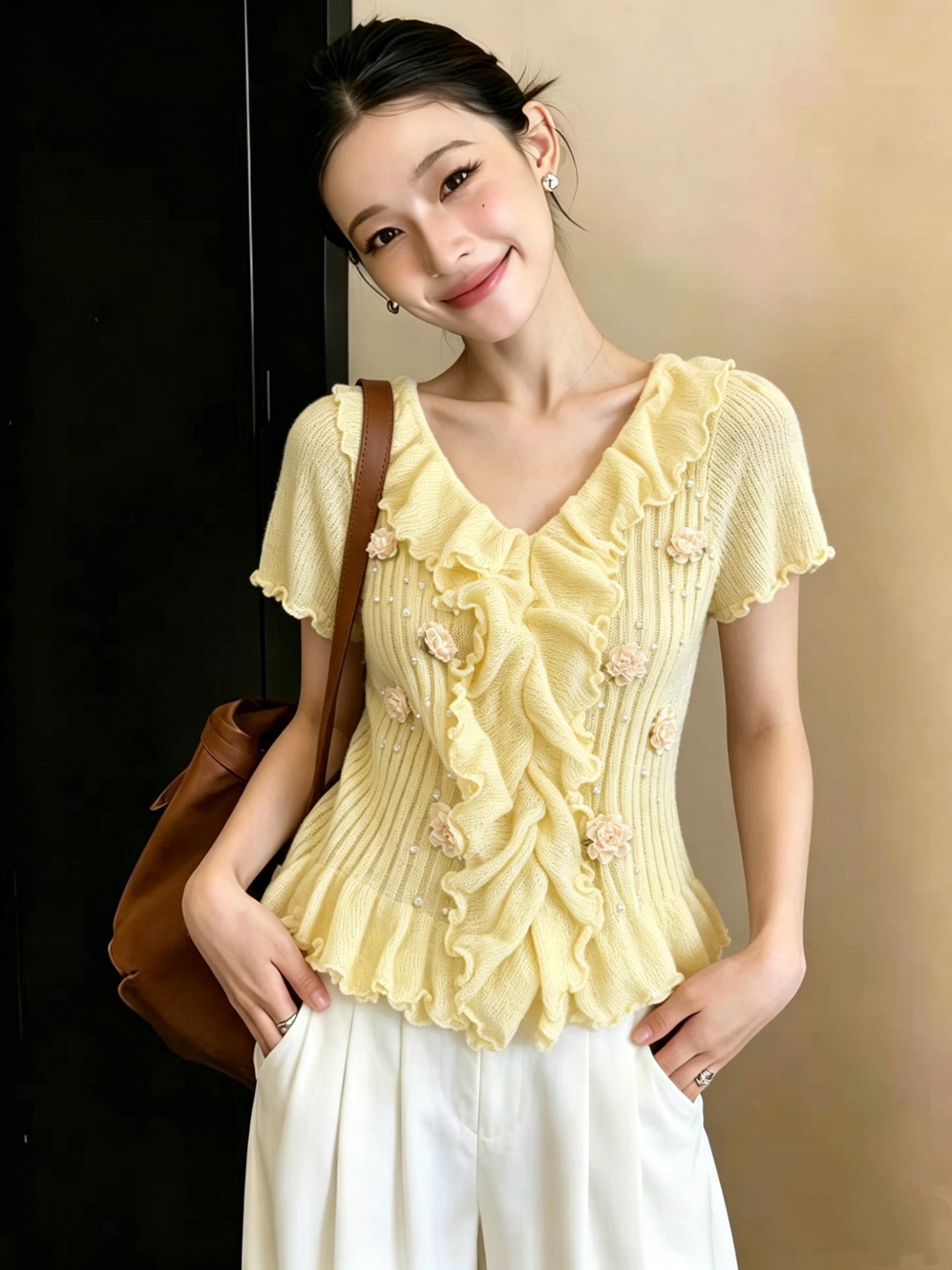 實拍 法式紫色木耳邊重工釘珠V領短袖T恤女夏季新款修身顯瘦上衣