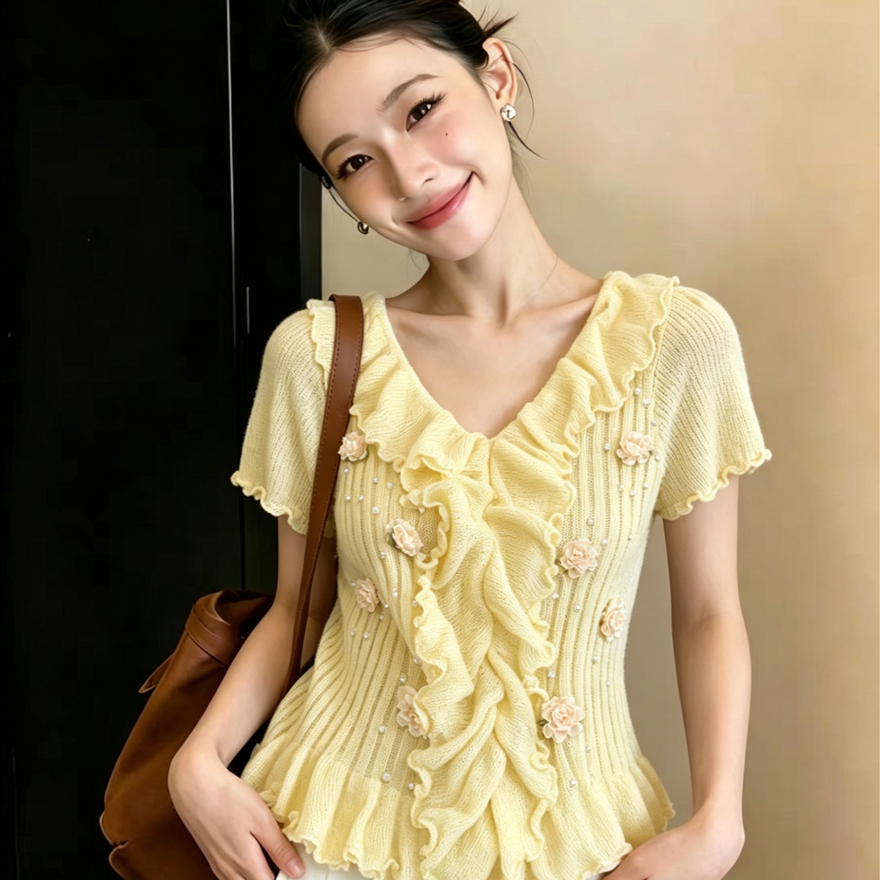 實拍 法式紫色木耳邊重工釘珠V領短袖T恤女夏季新款修身顯瘦上衣