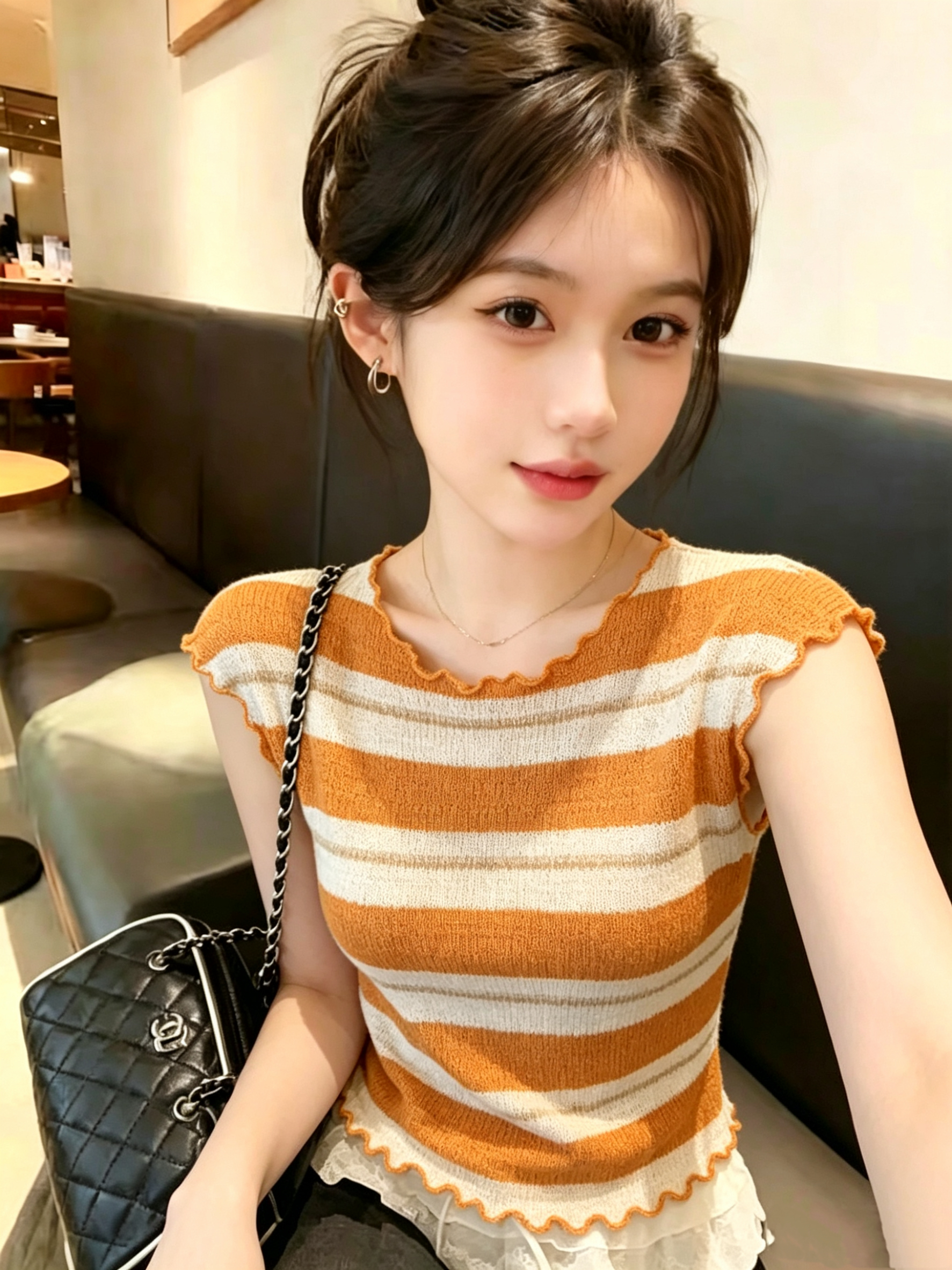 實拍 韓系小清新撞色條紋木耳邊針織短袖T恤女夏季休閑薄款上衣潮