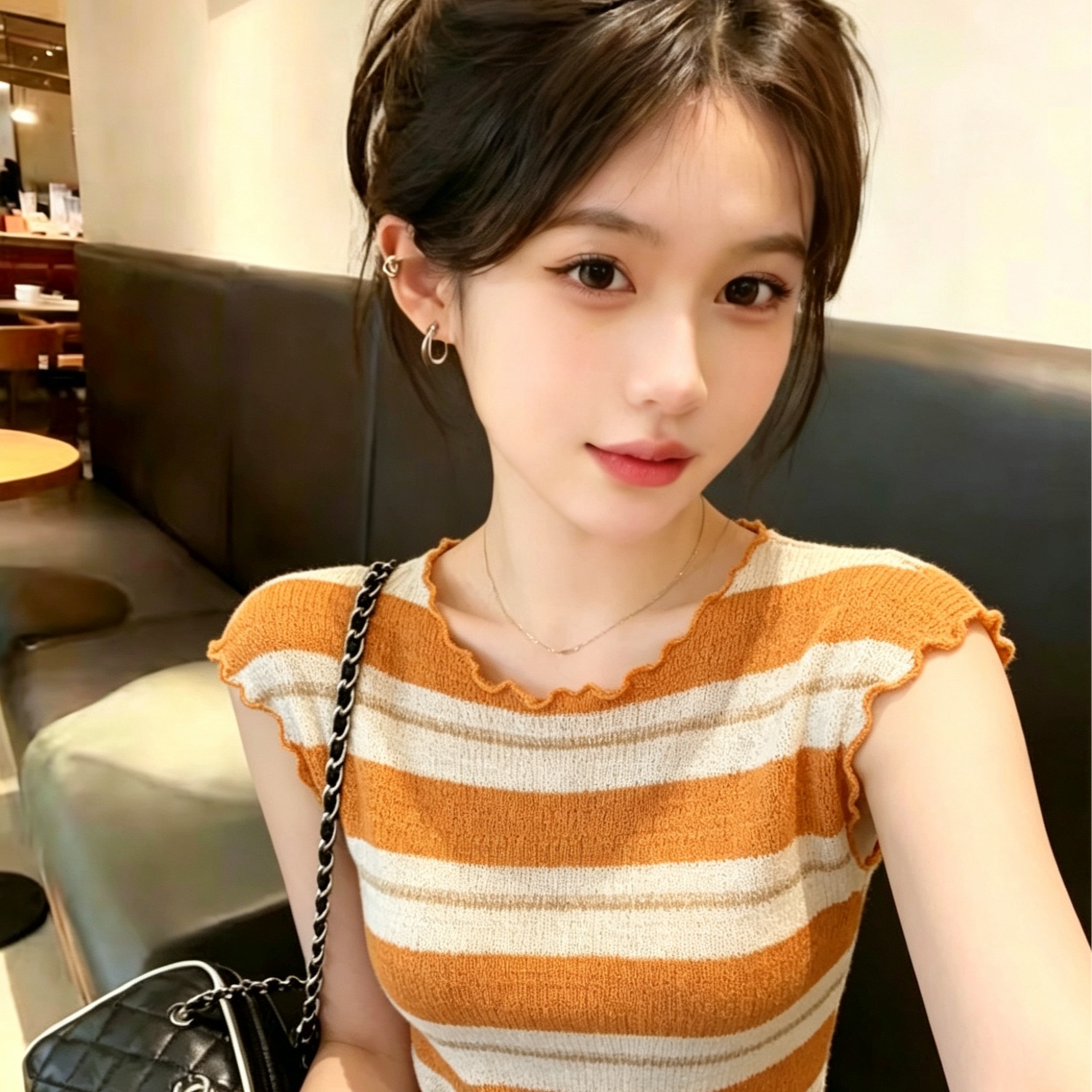 實拍 韓系小清新撞色條紋木耳邊針織短袖T恤女夏季休閑薄款上衣潮