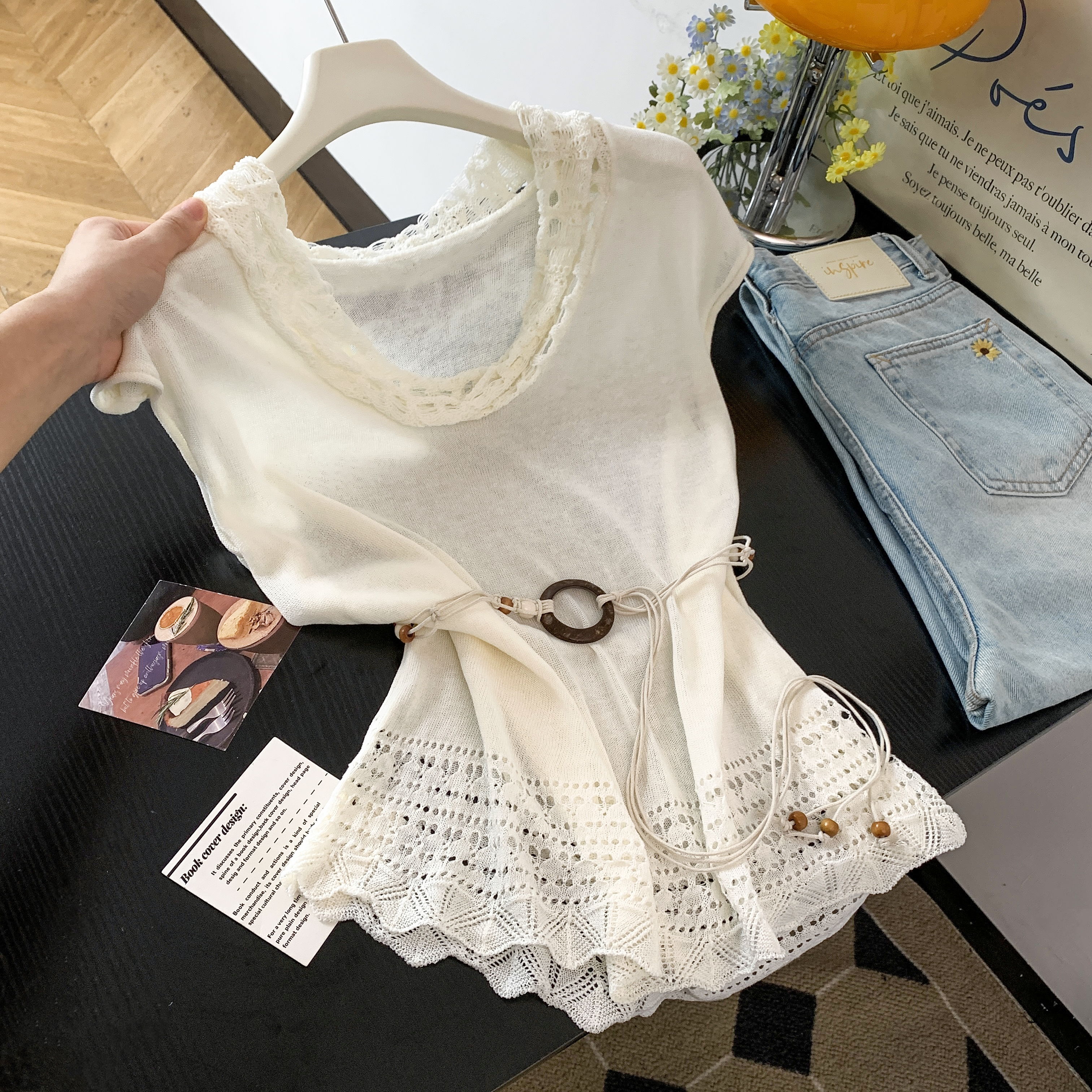 實拍 韓系鏤空蕩領收腰顯瘦針織衫女夏季慵懶風松弛感配腰帶上衣