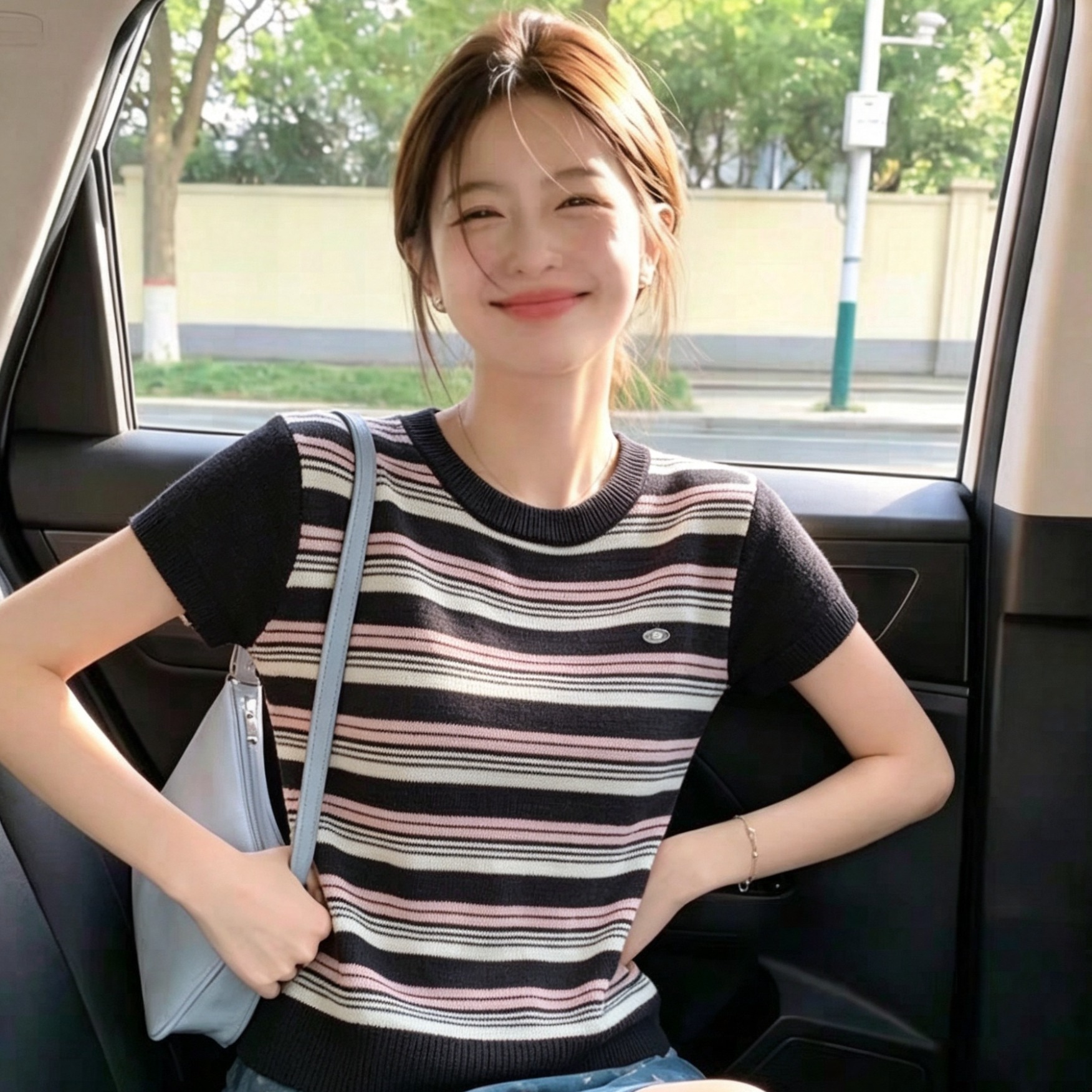 實拍 韓系復古撞色小圓標針織T恤女夏季飛飛袖寬松顯瘦薄款上衣潮