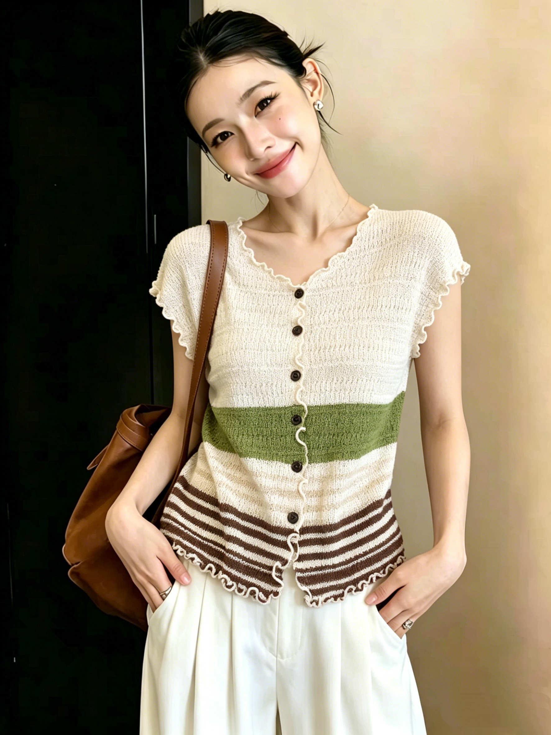 AI圖 韓系撞色條紋復古針織開衫夏季修身顯瘦巨好看絕美上衣女潮