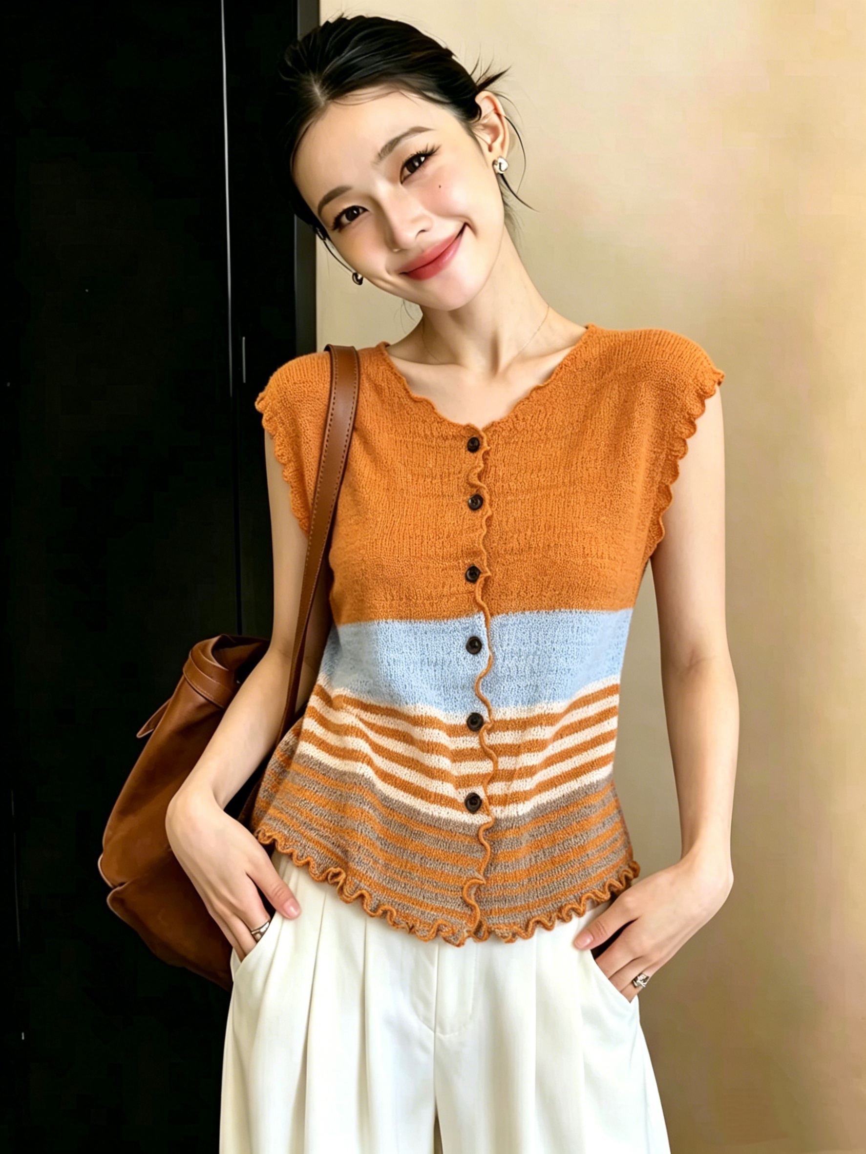 AI圖 韓系撞色條紋復古針織開衫夏季修身顯瘦巨好看絕美上衣女潮