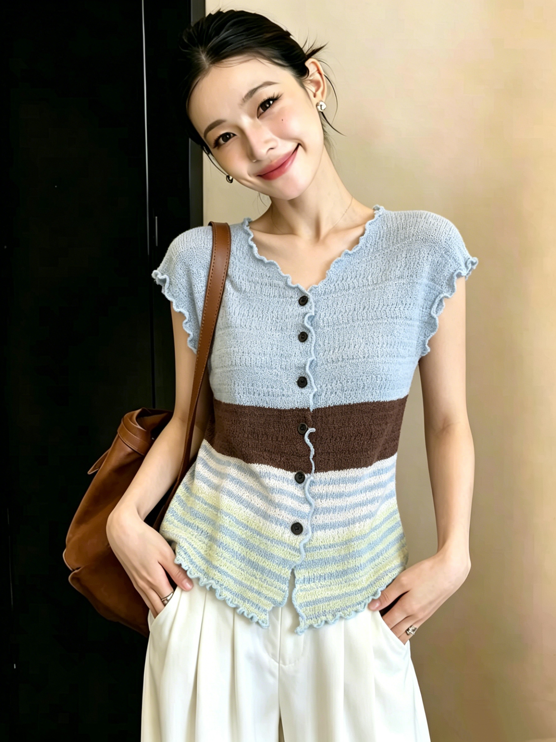 AI圖 韓系撞色條紋復古針織開衫夏季修身顯瘦巨好看絕美上衣女潮